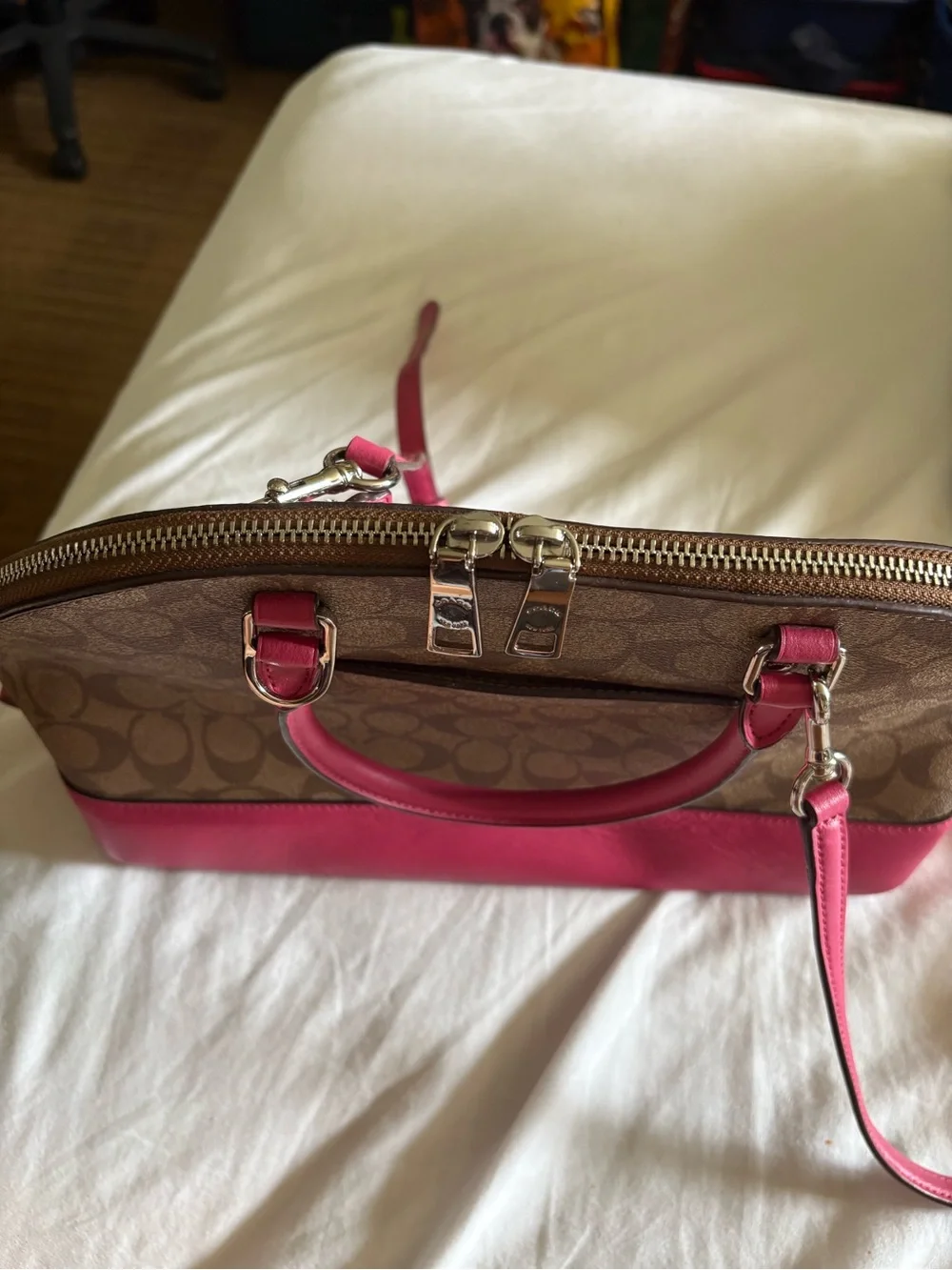 Coach Brown Signature Satchel with Pink Trim